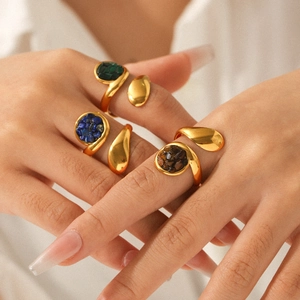 Vintage gold plated stainless steel ring set with natural green and blue gemstones