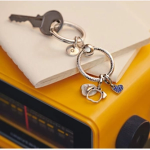 O-ring metal keychain with heart and dog charms on beige notebooks with radio background