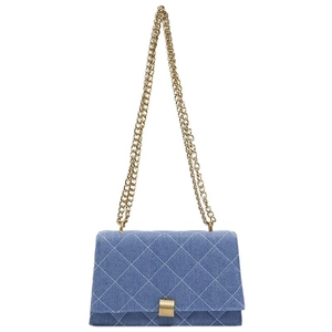 Blue denim quilted square bag with gold chain strap and metallic lock closure