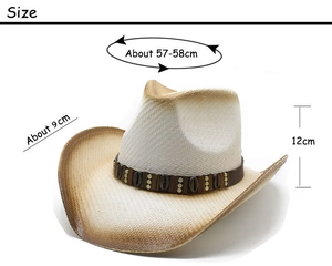 Western straw cowboy hat size guide with 12cm height and 57-58cm circumference