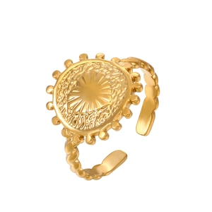 18K gold plated stainless steel heart ring with sunburst pattern and open adjustable band