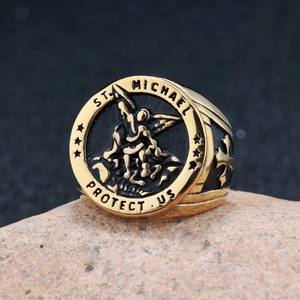Gold St. Michael angel seal cross signet ring in 316 stainless steel for men