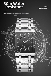 Water splash effect on square men's watch showing 3ATM water resistance and calendar