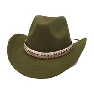 Detail of olive green felt cowboy hat featuring star pattern decorative band and wide brim