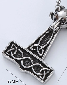 Detailed view of stainless steel Mjolnir pendant with wolf head and 35MM size label