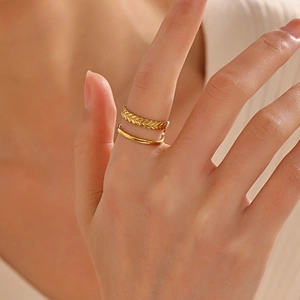 Bague En Acier Inoxydable À Double Couche Texture Épi De Blé Bande Ouverte Réglable Bijoux De Mode Pour Femmes