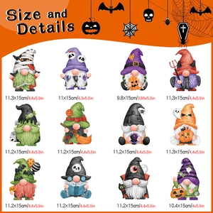Detailed size guide showing 12 unique Halloween gnome magnets with specific dimensions