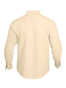 Detailed back view of a men's loose linen long sleeve shirt in creamy white color