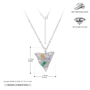 Detail showing S925 sterling silver triangle pendant with multicolored 5A zircon stones