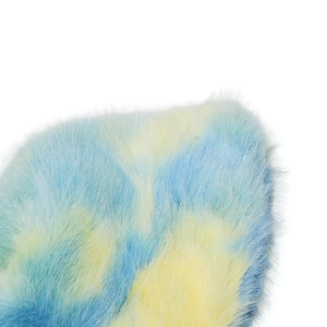 Detailed close-up showing soft tie-dye faux mink fur texture in pastel rainbow colors