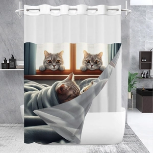 Detail of 3D digital cat print waterproof shower curtain with metal reinforced eyelets