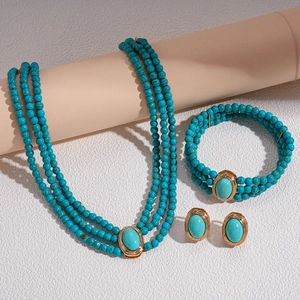 Bohemian multi-layer turquoise jewelry set with gold necklace, bracelet and earrings