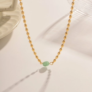 French style 18K gold plated stainless steel necklace with green oval stone pendant