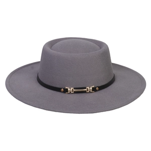 Classic grey wide brim felt fedora hat with a black leather band and gold buckle