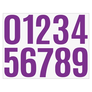 Detail view of 4-inch purple waterproof adhesive number stickers from 0 to 9 on white backdrop