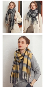 Detailed close-up of grey and yellow checkered scarf with fringed tassels and soft texture