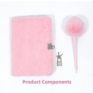 Pink plush A5 notebook set including furry ball pen and silver padlock with keys