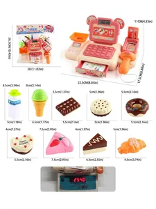 Detailed view of pink toy cash register and dessert accessories with dimensions