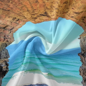 Detailed view of nature landscape printed tapestry showing silk texture and ocean scenery