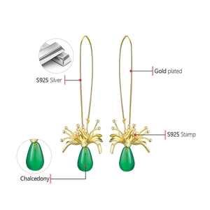 Detail showing S925 silver gold-plated flower base with green chalcedony drop earrings