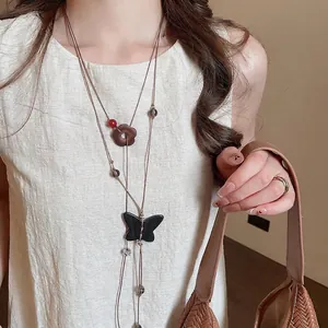 Collier Long Pendentif Papillon Fleur En Bois Ethnique Rétro Femmes Vintage Boho Chaîne Pull Perles Verre Corde Tressée