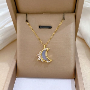 Moon Pendant Necklace Stainless Steel Chain Copper Micro Inlaid Zircon Synthetic Opal Elegant Glamorous Jewelry Women