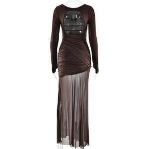 Detailed back view of deep brown dress featuring mesh panels and tie-up strap details
