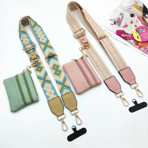 Adjustable crossbody phone strap with jacquard pattern and matching leather coin purse set