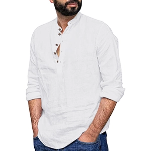 Close-up of white linen shirt for men featuring a stand collar and buttoned detail texture