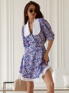 Floral purple dress with white Peter Pan collar and puff sleeves for summer casual wear