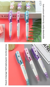 Detail of colorful silicone unicorn toppers and comfortable grip on cute light-up pens