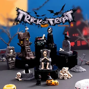 Halloween miniature resin figurines set featuring grim reaper skeletons and pumpkin decor