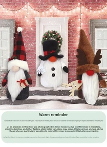 Detailed view of three festive Christmas gnomes in plaid, snowman, and reindeer hats