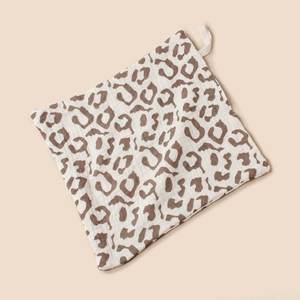 Soft cotton gauze baby handkerchief featuring a classic brown leopard print and hanging loop