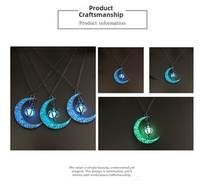 Detailed view of luminous crescent moon necklaces in blue, cyan, and green glowing effects