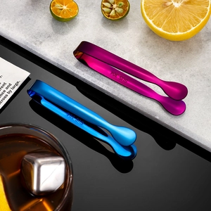 Blue and purple 304 stainless steel ice tongs featuring rose patterns in a home bar setting