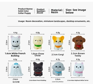 Size specifications chart for resin dog figurines showing weight and dimensions in detail