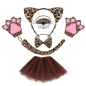 6-piece leopard print animal costume set with ears headband and brown tutu skirt