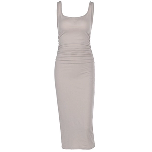Robe midi grise sans manches pour femmes avec fronces et coupe moulante extensible