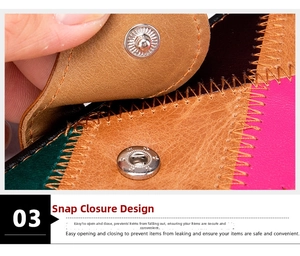 Détail du fermoir à pression sur un portefeuille en cuir multicolore avec couture Z