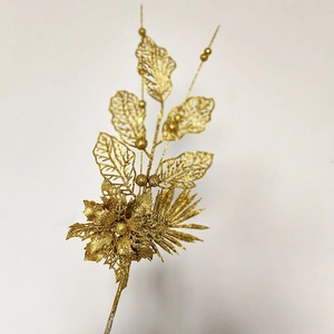 Glittery gold artificial lily branch decoration with hollow leaves for Christmas tree decor