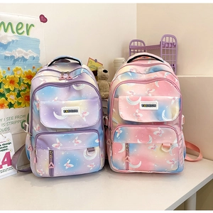 Detailed view of school backpacks with butterfly prints and durable nylon fabric finish