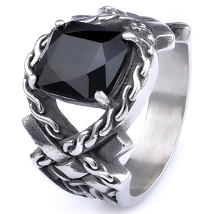 Vintage punk style men's stainless steel ring featuring a square black gemstone inlay