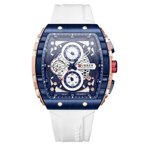 CURREN blue barrel-shaped quartz chronograph with white silicone strap and date function