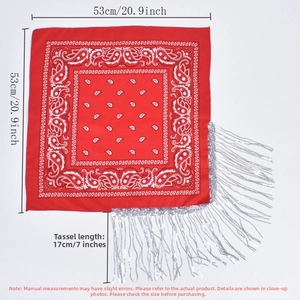 Detailed view of red paisley bandana with silver fringe trim and 53x53cm dimensions