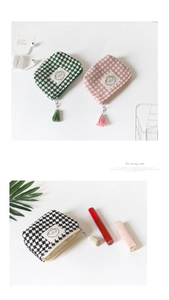 Three mini plaid fabric coin purses in green, pink, and black with cute tassel zippers
