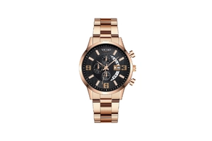Detailed macro of rose gold stainless steel watch with black dial and calendar display