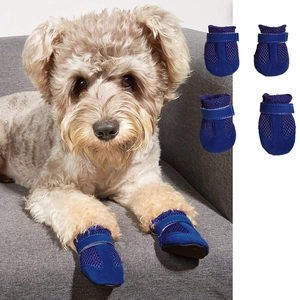 Breathable blue mesh dog sandals with anti-slip soles and adjustable straps shown in detail