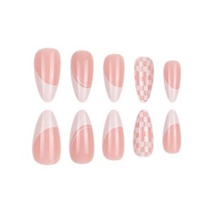 Almond shaped press-on nails with pink and white checkerboard and French tip designs