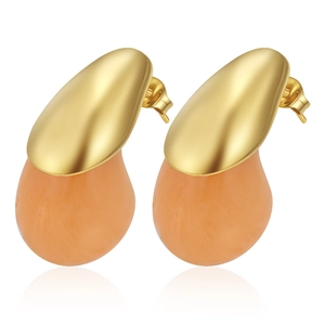 Chic orange resin teardrop earrings featuring polished gold-plated stainless steel posts